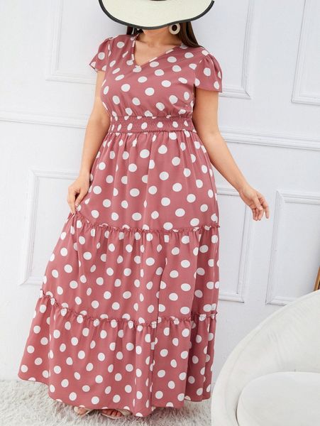 

plus polka dot shirred waist puff sleeve slit ruffle hem dress z9jd#, Black