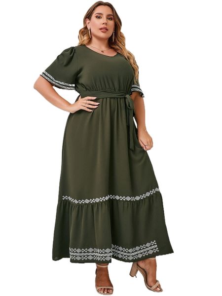 

plus geo print belted dress 29y9#, Black