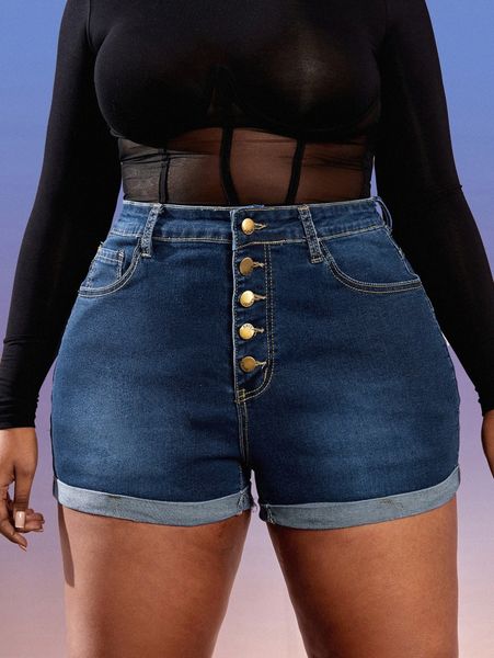 

plus high waist button fly roll hem denim shorts d7kr#, White;black