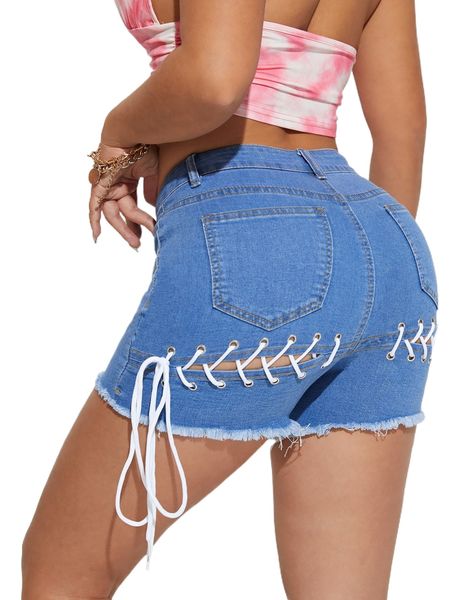 

lace up back raw hem denim shorts c5bx#, White;black