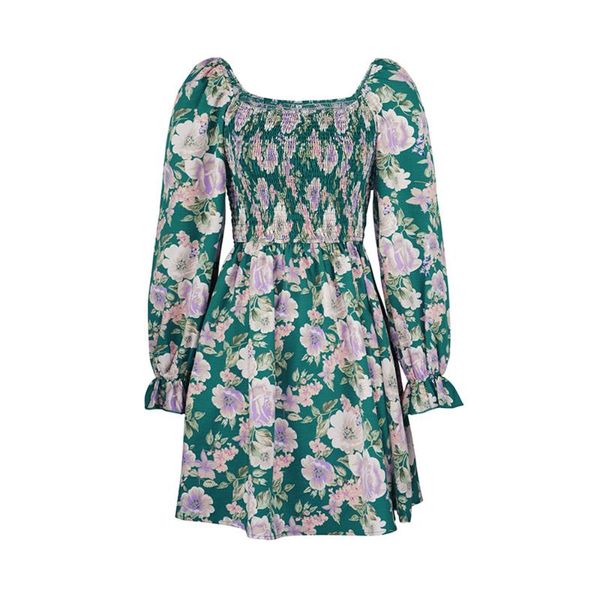 

casual dresses spring summer short floral dress for women full sleeve square collar ladies high waist print vintage, Black;gray