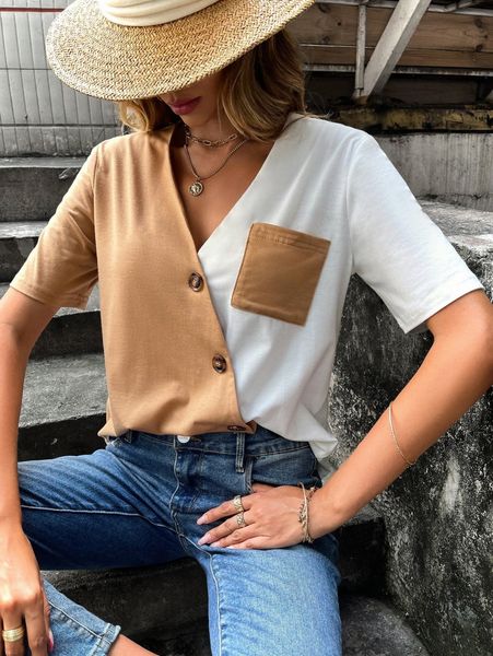 

two tone patched pocket blouse a13f#, White