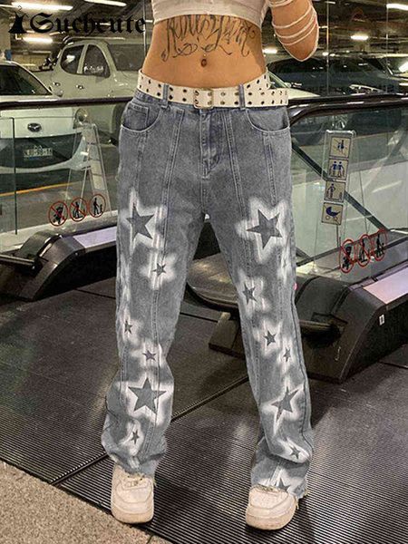 

women's jeans suchcute streetwear star print baggy jeans korean basic low waist pocket women denim trousers y2k blue straight pants aut