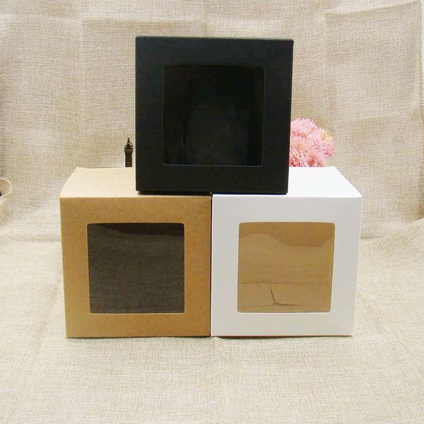 2021 10*10*10m 3 colores blanco/negro/caja de papel kraft con ventana de pvc transparente. Caja de embalaje de ventana de papel para exhibición/regalos artesanales