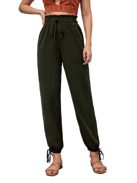 

paperbag waist tie front pants e7kl#, Black;white
