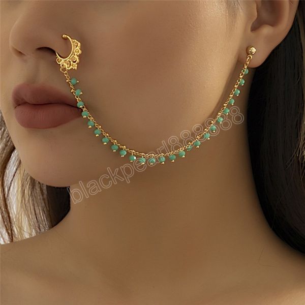 

fake piercing nose ring chain for women ethnic long tassel crystal clip earrings geometric body jewelry accessories, Silver