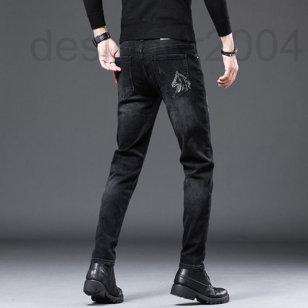 

men's jeans designer pure cotton black slim fit small leg jeans men's 2021 trendy autumn winter thick korean youth elastic long pa, Blue