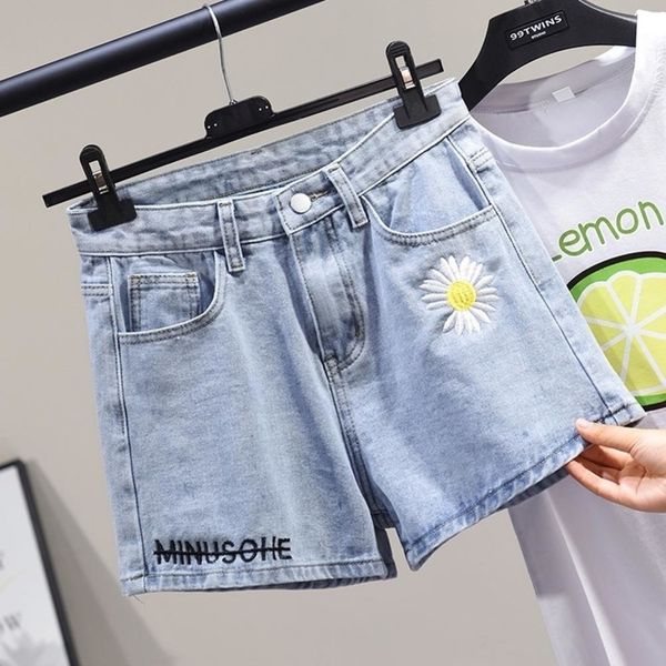 

denim tight bum short jeans high waist plus size summer flowers embroidery korean streetwear casual skinny slim y200822, White;black