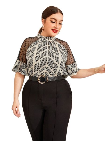 

plus polka dot print mesh panel flounce sleeve blouse a4gx#, Black