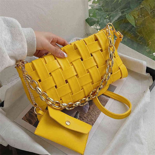 

evening bag 2 pcs pu weave handbags purses with gold chain new designer quilted women shoulder branded 2022 crossbody sac clutch 0623