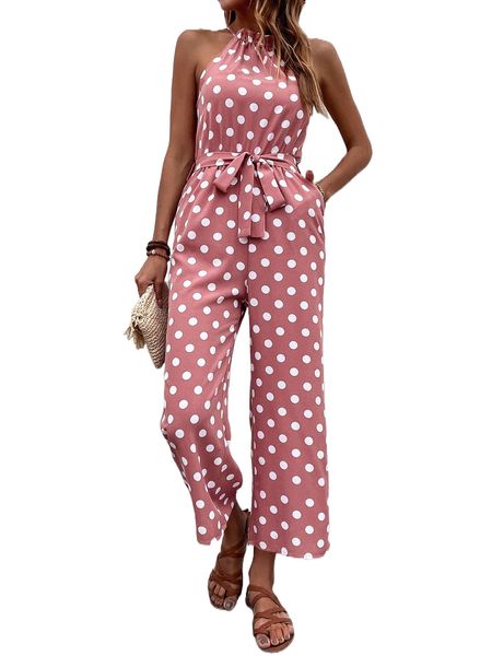 

polka dot frilled halter neck belted jumpsuit y2mm#, Black;white