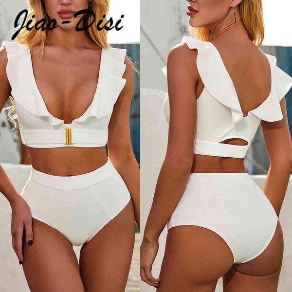 Sexy Hohl Badeanzug Frauen Rüschen Bikini Mini Rock Mujer Sommer 2 stücke Solide Rosa Bademode Push Up Badende Anzug Frauen y220420