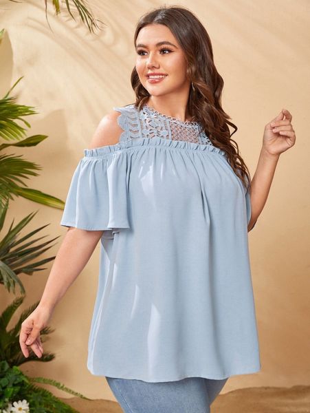 

plus cold shoulder guipure lace yoke j9cy#, Black