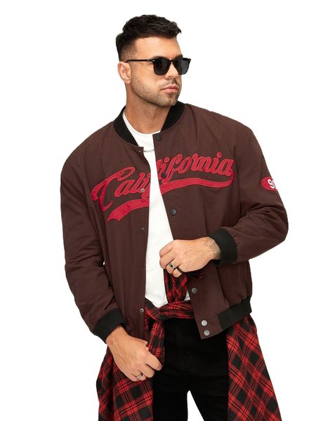 

extended sizes men letter embroidered drop shoulder baseball collar jacket j381#, Black;brown