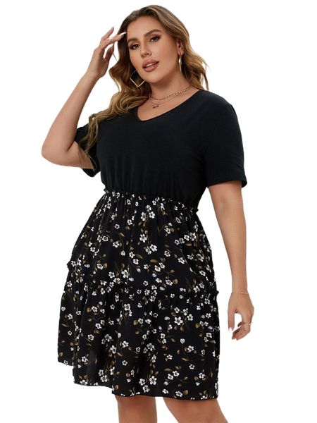 

plus floral print frilled dress f0ml#, Black