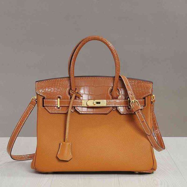 

luxury trend handbags birkins 2022 autumn and summer layer cowhide litchi pattern splicing crocodile bag large capacity portable women'