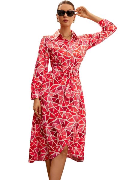 

geo print belted shirt dress e1nt#, Black;gray