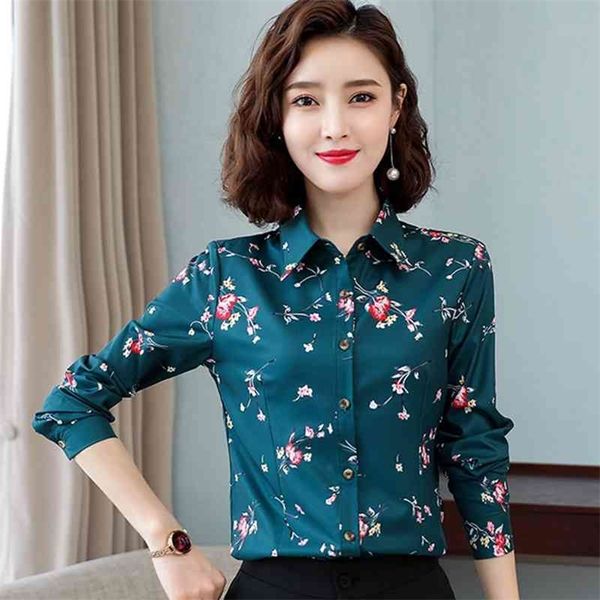 Корейские женские рубашки шифоновые блузки для женщин с длинными рукавами офисная леди печатные рубашки плюс размером женщина цветочная блузка xxxl 210326