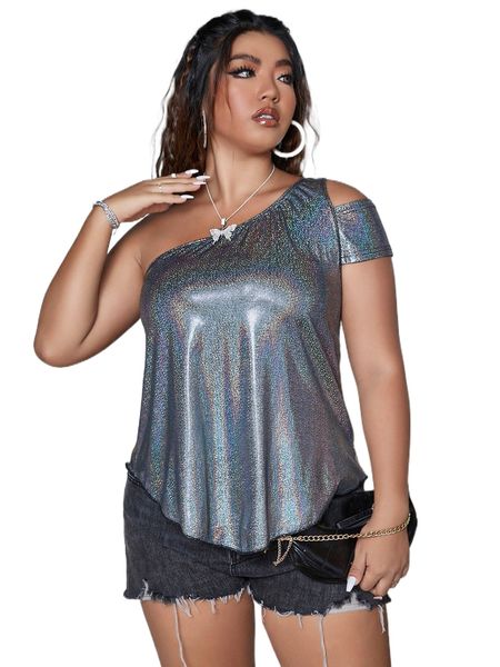 

plus one shoulder cut out curved hem metallic tee 99k9#, Black