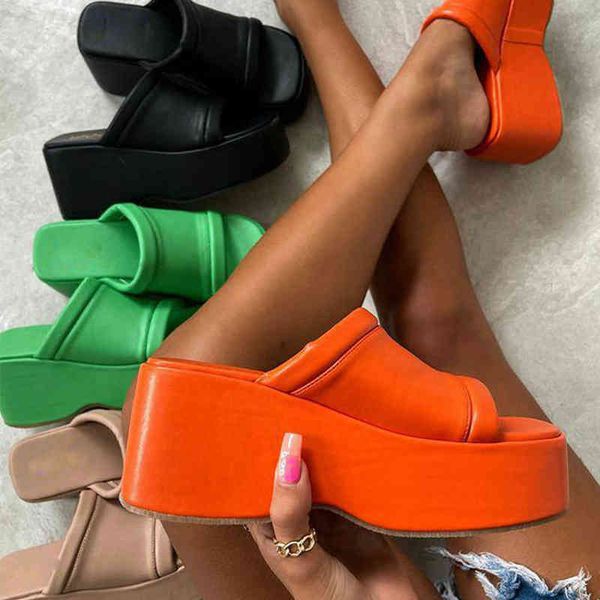 

chunky platform woman mules shoes sandals brand new 2022 summer high platform slipper woman shoes fashion sandals walking comfy y220409, Black