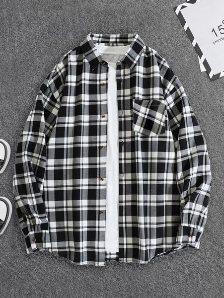 

men plaid print pocket patched shirt without tee s08p#, White;black