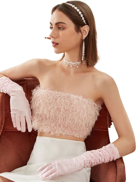 

solid fuzzy crop tube without gloves r2ra#, White