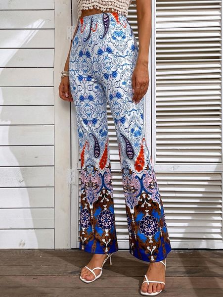 

paisley print flare leg pants c2ng#, Black;white
