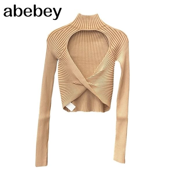 

striped backless short for women turtleneck long sleeve slim t shirt female fall fashion new stylish 210311, White