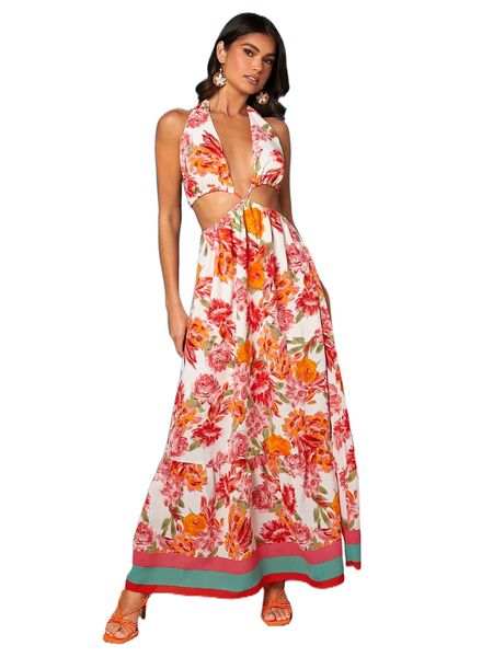 

floral print tie backless halter dress g9c7#, Black;gray