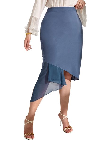 

plus mesh panel asymmetrical hem skirt 0971#, Black