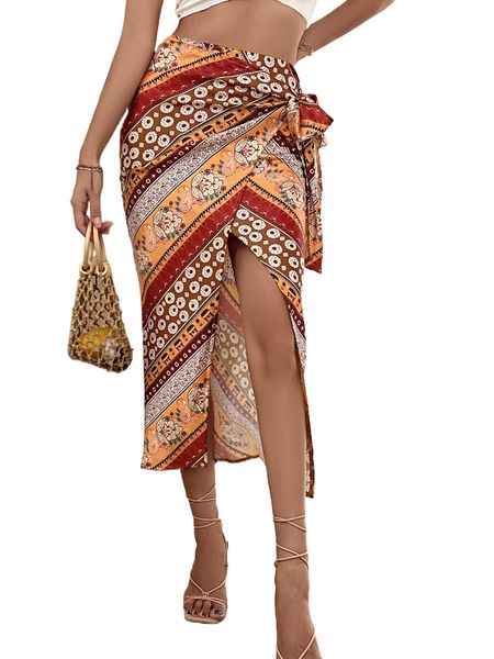 

paisley & floral print tie side wrap skirt e11n#, Black