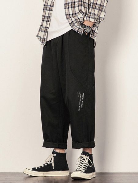 

men slogan graphic slant pocket pants e9hl#, Black