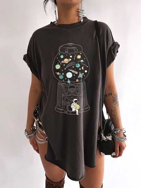 Женская футболка смешная печать астронавта Женщины Tround Shece Summer Old Vintage Tee Femme Drop плеч