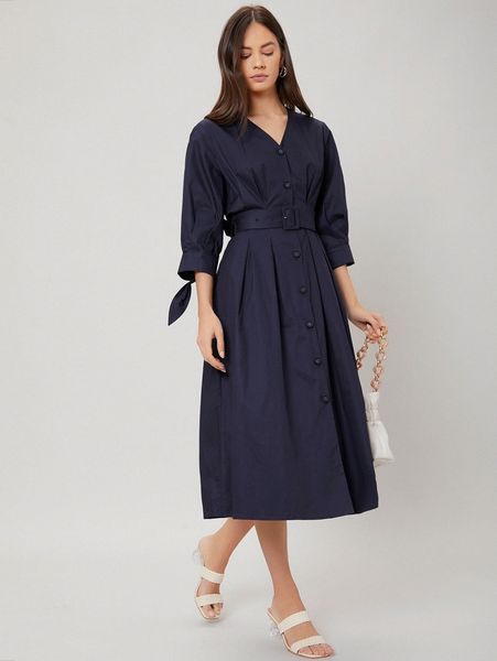 

motf premium 100% cotton belted dress o0gq#, Black;gray