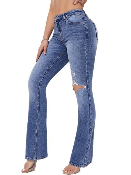 

ripped cut out bootcut leg jeans k7y0#, Blue