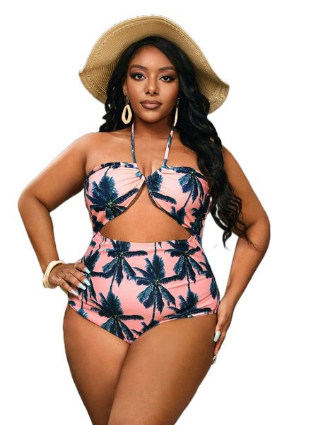 

plus tropical print cut out tie back one piece swimsuit j1fj#, White;black