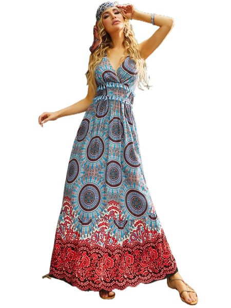 

luukse floral & geo print tassel trim tie backless halter dress l6sc#, Black;gray