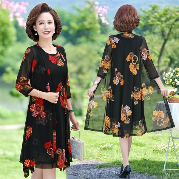 

summer floral print 2 piece set dress cardigan women party midi dresses elegant vintage robe femme plus size 5xl 220409, Black;gray