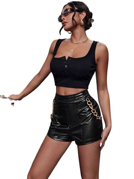 

chain detail pu straight leg shorts e7h1#, White;black