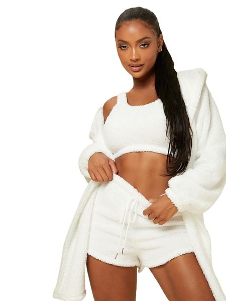 

crop flannel tank & shorts and hooded robe lounge set u084#, Black;red