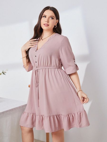 

plus button front tie front ruffle hem dress o6c8#, Black