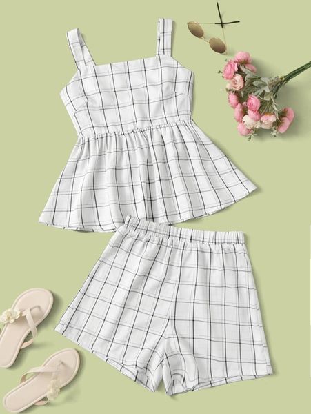 

teen girls plaid ruffle hem & shorts she, White