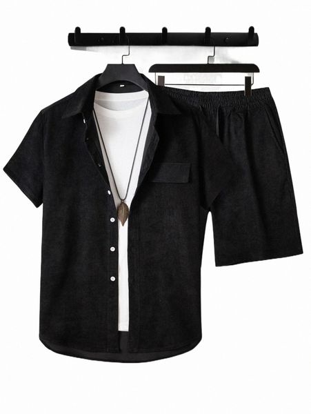 

men high low hem corduroy shirt & drawstring waist shorts without tee k6rg#, Gray