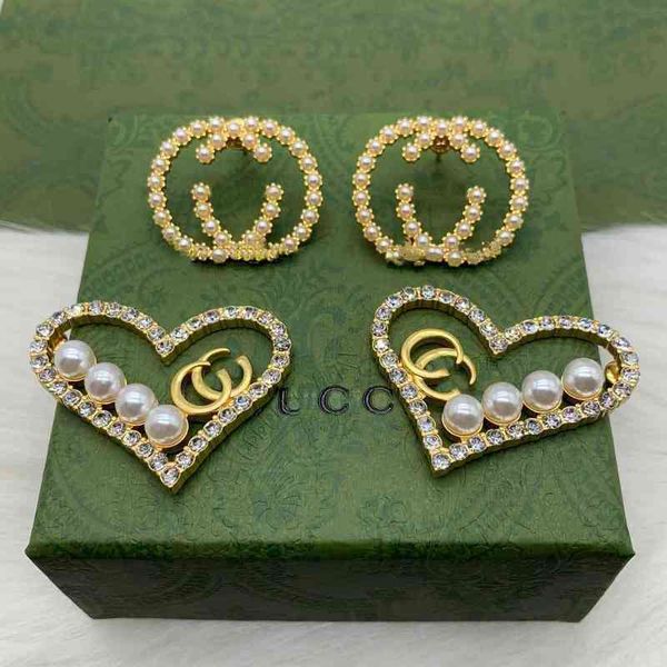 

factory outlet earrings ancient new letter diamond inlaid pearl personalized fashion temperament heart-shaped round earrings 1ox5, Golden