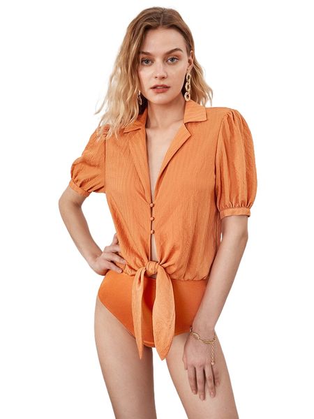 

button front knot hem puff sleeve bodysuit r2xs#, White