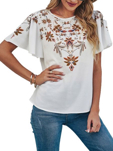 

floral print butterfly sleeve blouse q5ib#, White