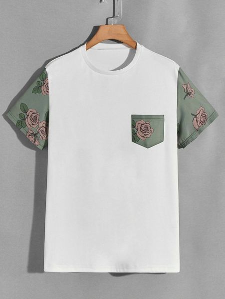 

men floral print patched pocket tee v2ic#, White;black