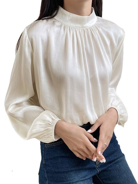 

dazy mock neck keyhole back bishop sleeve blouse x9o8#, White