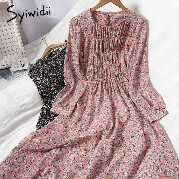 

fashion floral print high waist dresses women folds puff sleeve oneck aline bandage clothing summer korean 210415, Black;gray