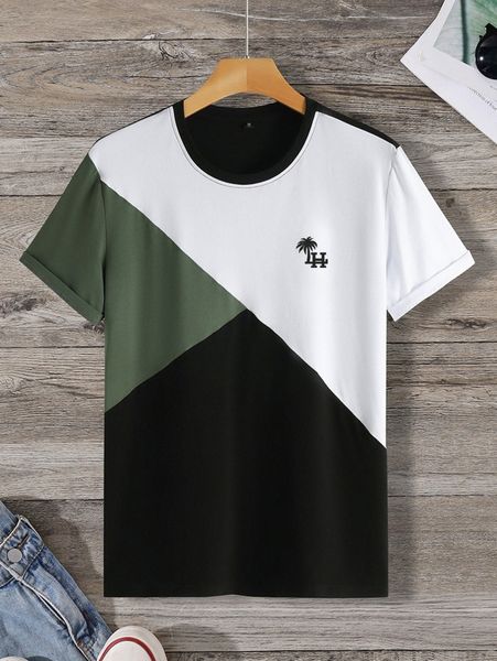 

men coconut tree & letter graphic colorblock tee i5tx#, White;black